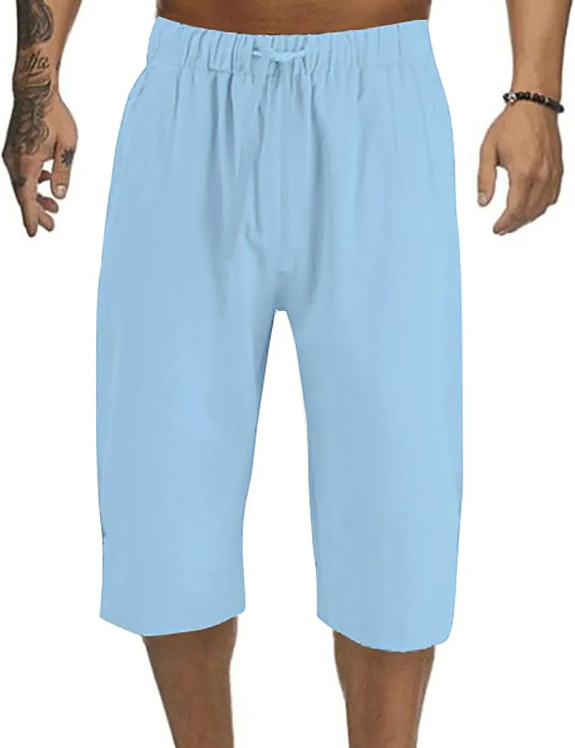 Men's Linen Capri Pants Beach Yoga Baggy 3/4 Shorts Casual Drawstring Summer Wide Leg Pants with Pockets