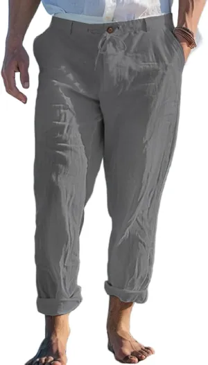 Men's Linen Trousers Lightweight Drawstring Breathable Pants Solid Color Casual Pant Summer Beach Shorts with Pockets