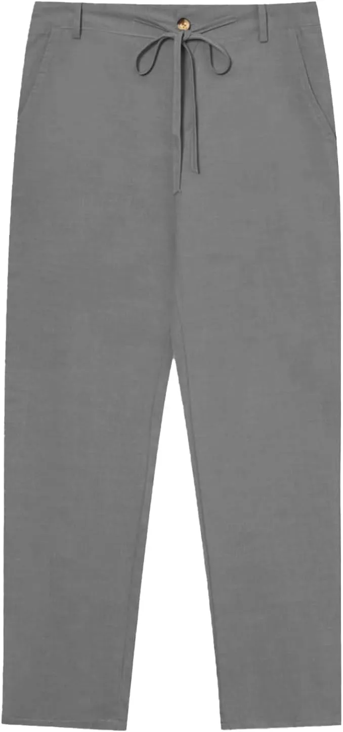 Men's Linen Trousers Lightweight Drawstring Breathable Pants Solid Color Casual Pant Summer Beach Shorts with Pockets