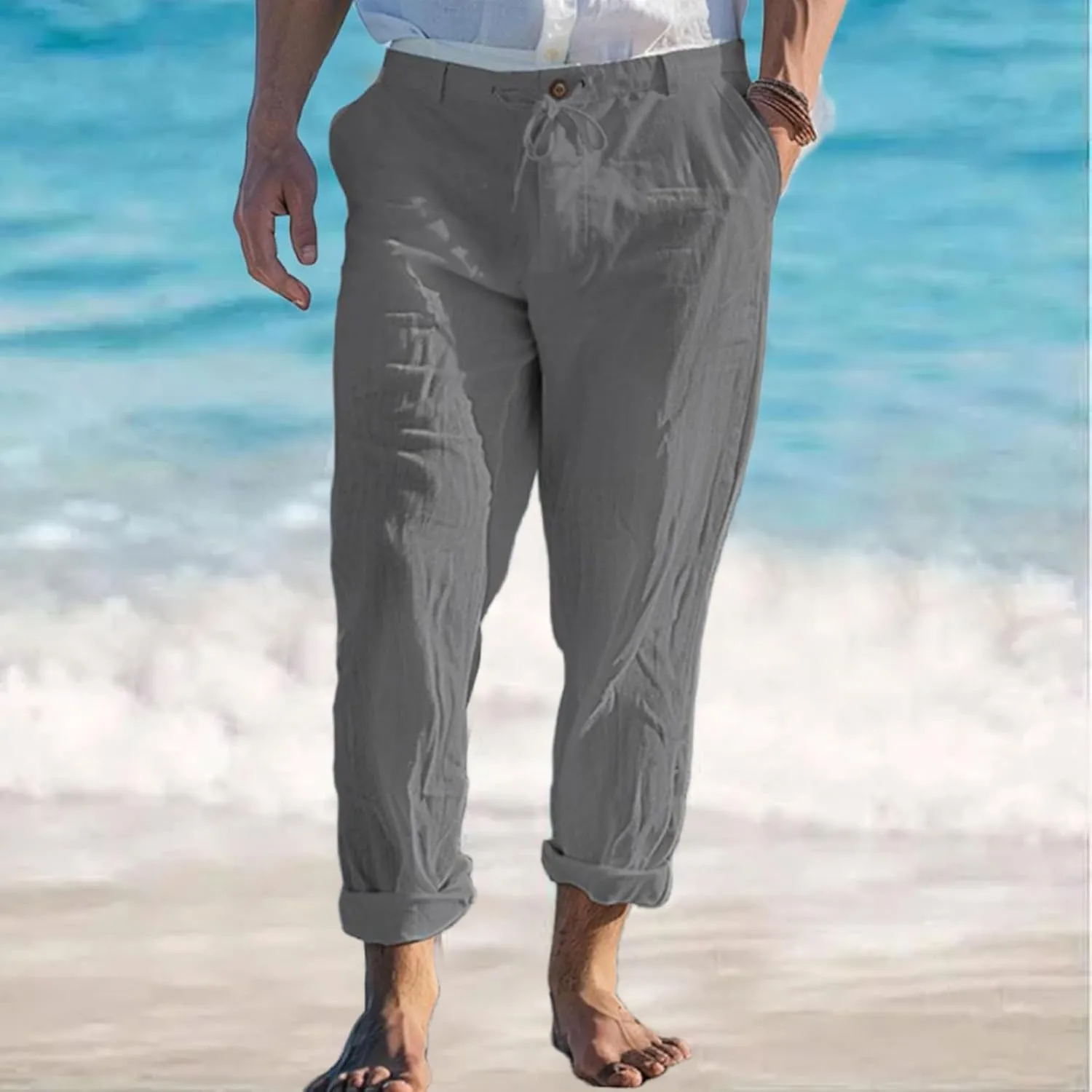 Men's Linen Trousers Lightweight Drawstring Breathable Pants Solid Color Casual Pant Summer Beach Shorts with Pockets