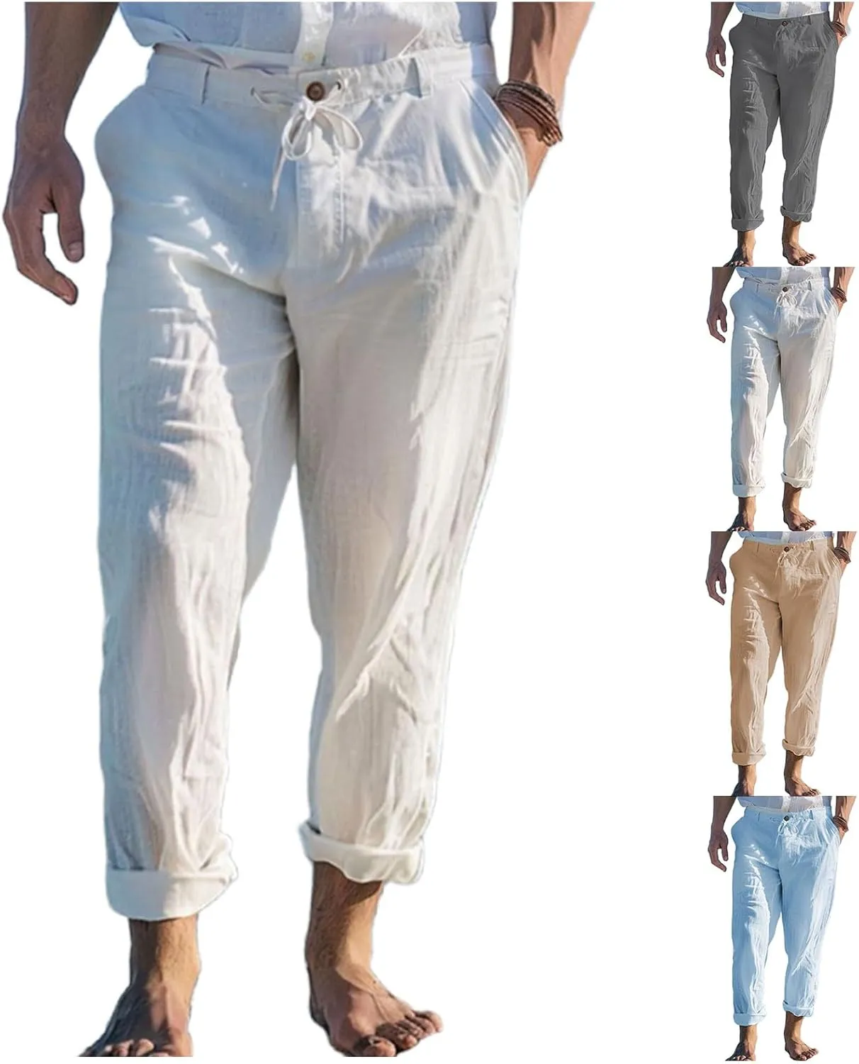 Men's Linen Trousers Lightweight Drawstring Breathable Pants Solid Color Casual Pant Summer Beach Shorts with Pockets