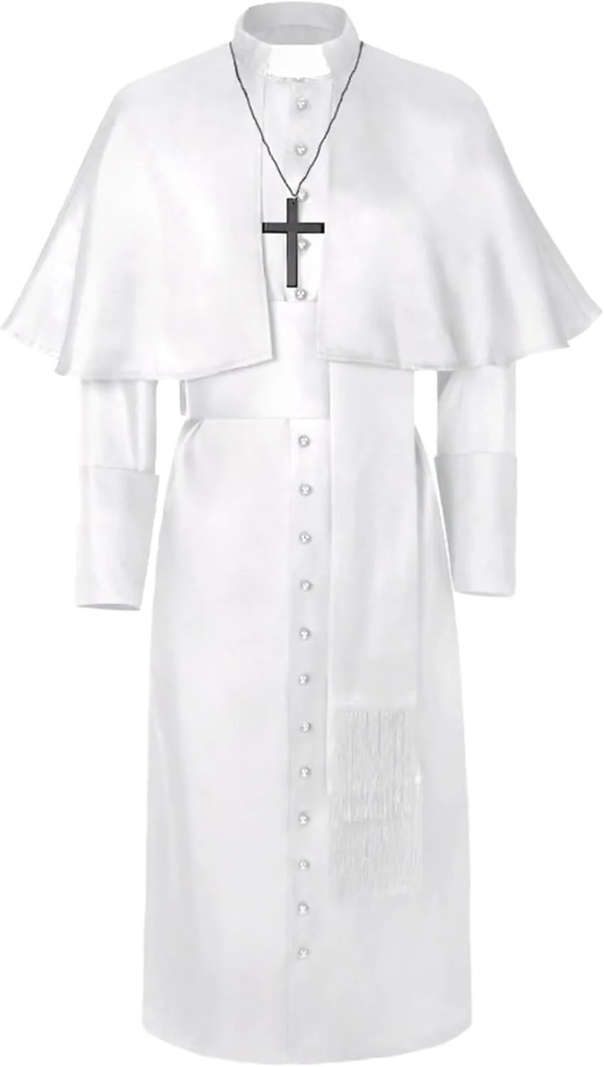 Mens Medieval Priest Costume Vintage Long Sleeved Tunic Cloak Clerical Collar with Cross Necklace Cosplay Outfit