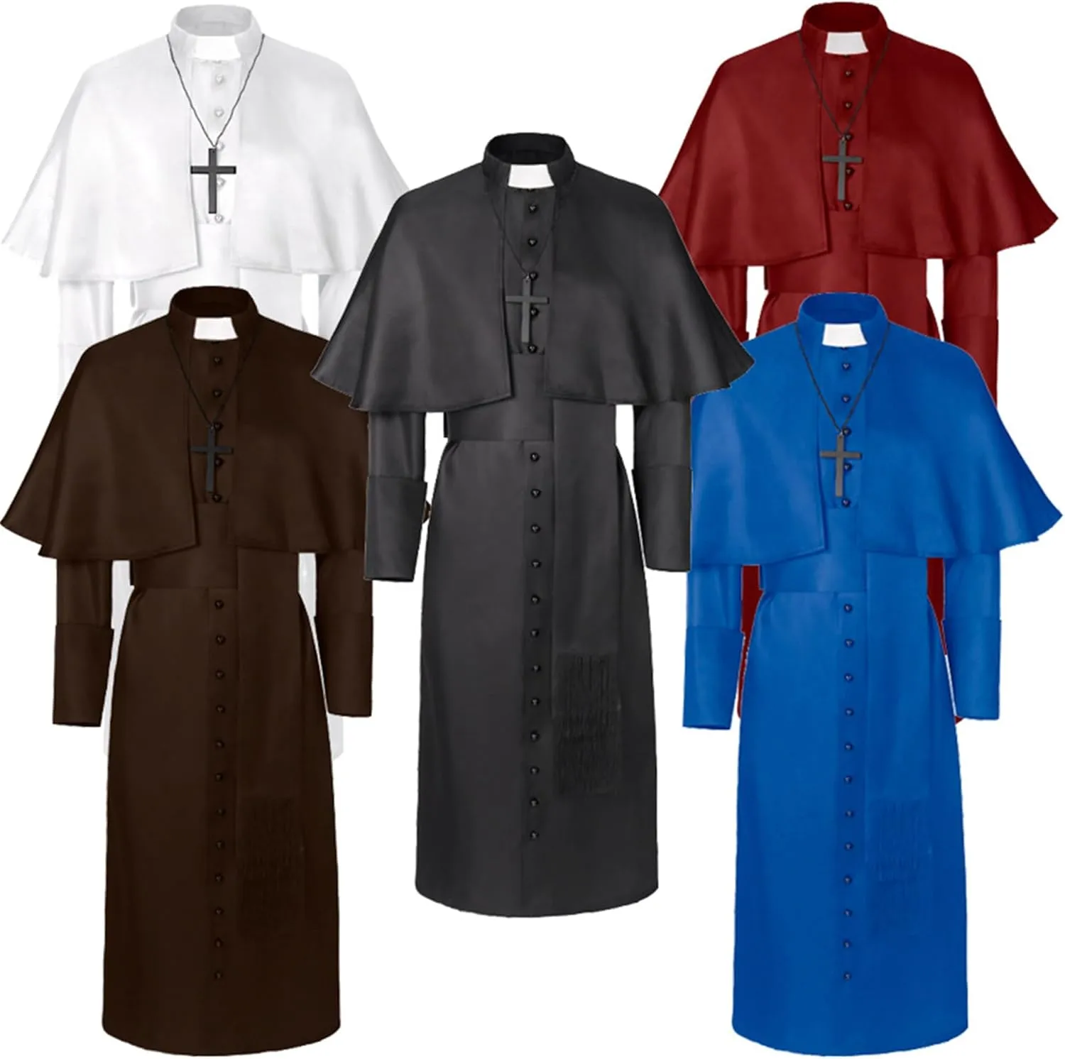 Mens Medieval Priest Costume Vintage Long Sleeved Tunic Cloak Clerical Collar with Cross Necklace Cosplay Outfit