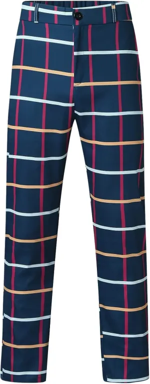 Men's Plaid Slim Fit Dress Pants Stretch Flat-Front Business Casual Pants Skinny Elastic Expandable-Waist Chinos Trousers Dark Blue