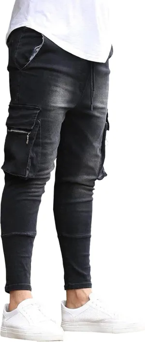 Men's Slim Fit Stretch Biker Jeans Fashion Skinny Cargo Jeans for Men Vintage Distressed Tapered Leg Denim Pants
