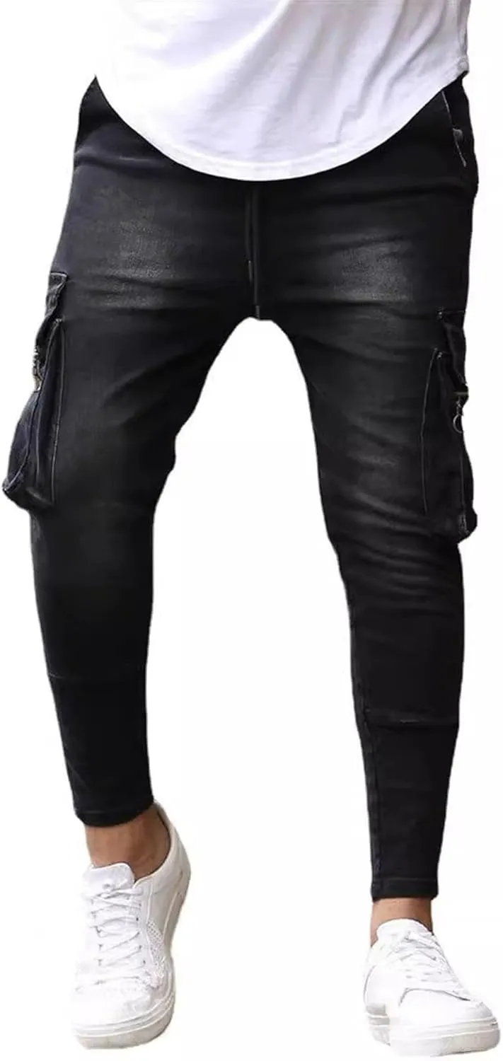 Men's Slim Fit Stretch Biker Jeans Fashion Skinny Cargo Jeans for Men Vintage Distressed Tapered Leg Denim Pants