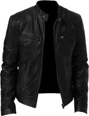 Mens Stand Collar Leather Jacket Casual Biker Motorcycle PU Jackets Slim Fit Motorcyle Lightweight Coat