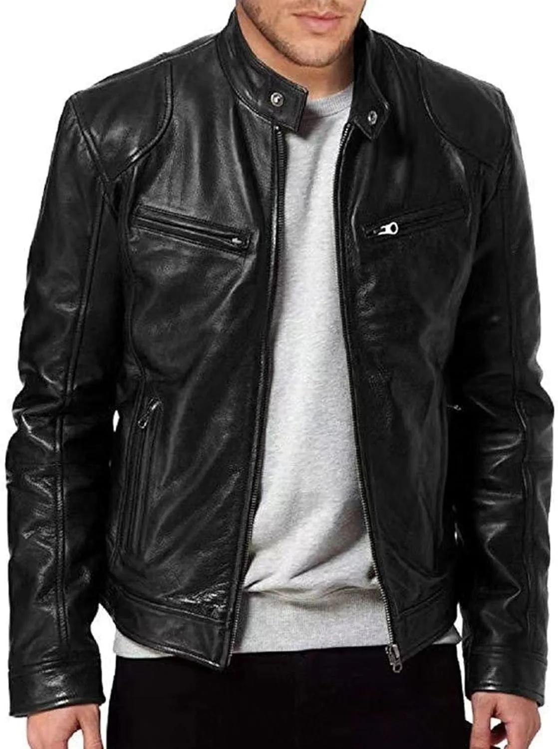 Mens Stand Collar Leather Jacket Casual Biker Motorcycle PU Jackets Slim Fit Motorcyle Lightweight Coat
