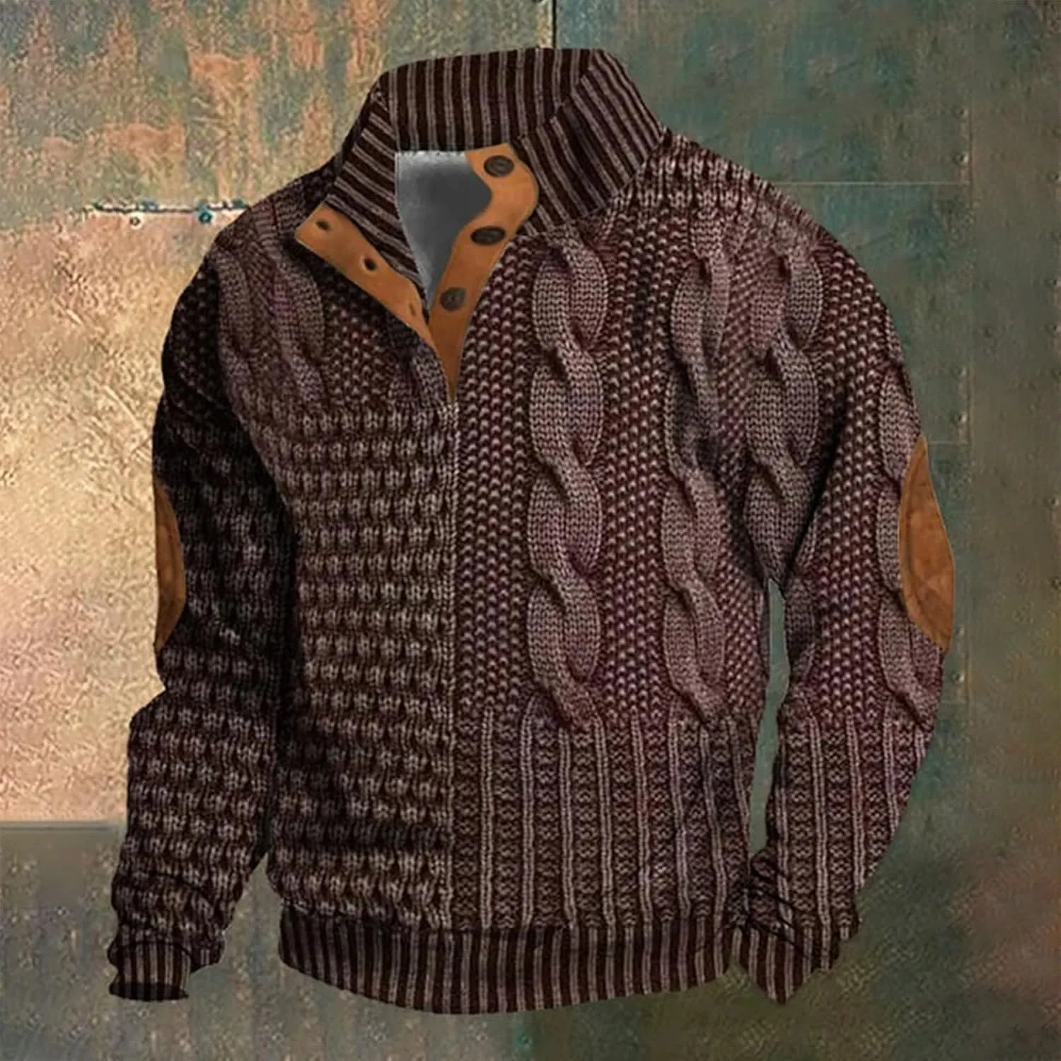 Men's Vintage Knit Print Zip-Up Sweatshirt Casual Long Sleeve Stand Collar Button Pullover Sweatshirts