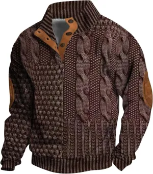 Men's Vintage Knit Print Zip-Up Sweatshirt Casual Long Sleeve Stand Collar Button Pullover Sweatshirts