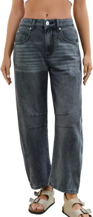 Mid Rise Barrel Jeans for Women Wide Leg Mid Waist Cropped Denim Pants Y2k Baggy Boyfriend Jeans with Pockets