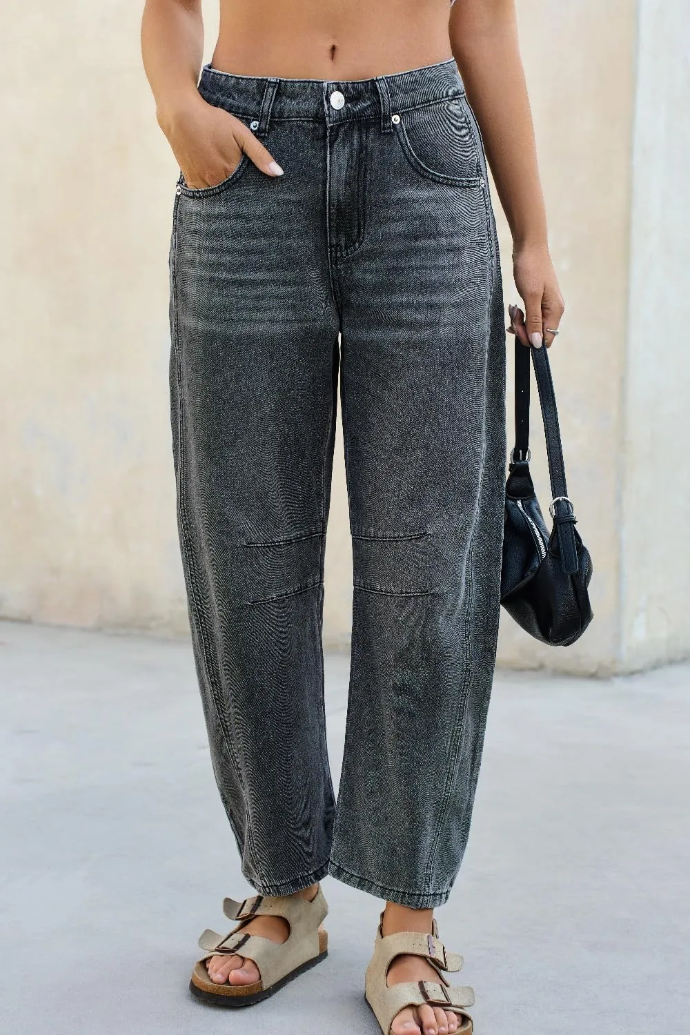 Mid Rise Barrel Jeans for Women Wide Leg Mid Waist Cropped Denim Pants Y2k Baggy Boyfriend Jeans with Pockets