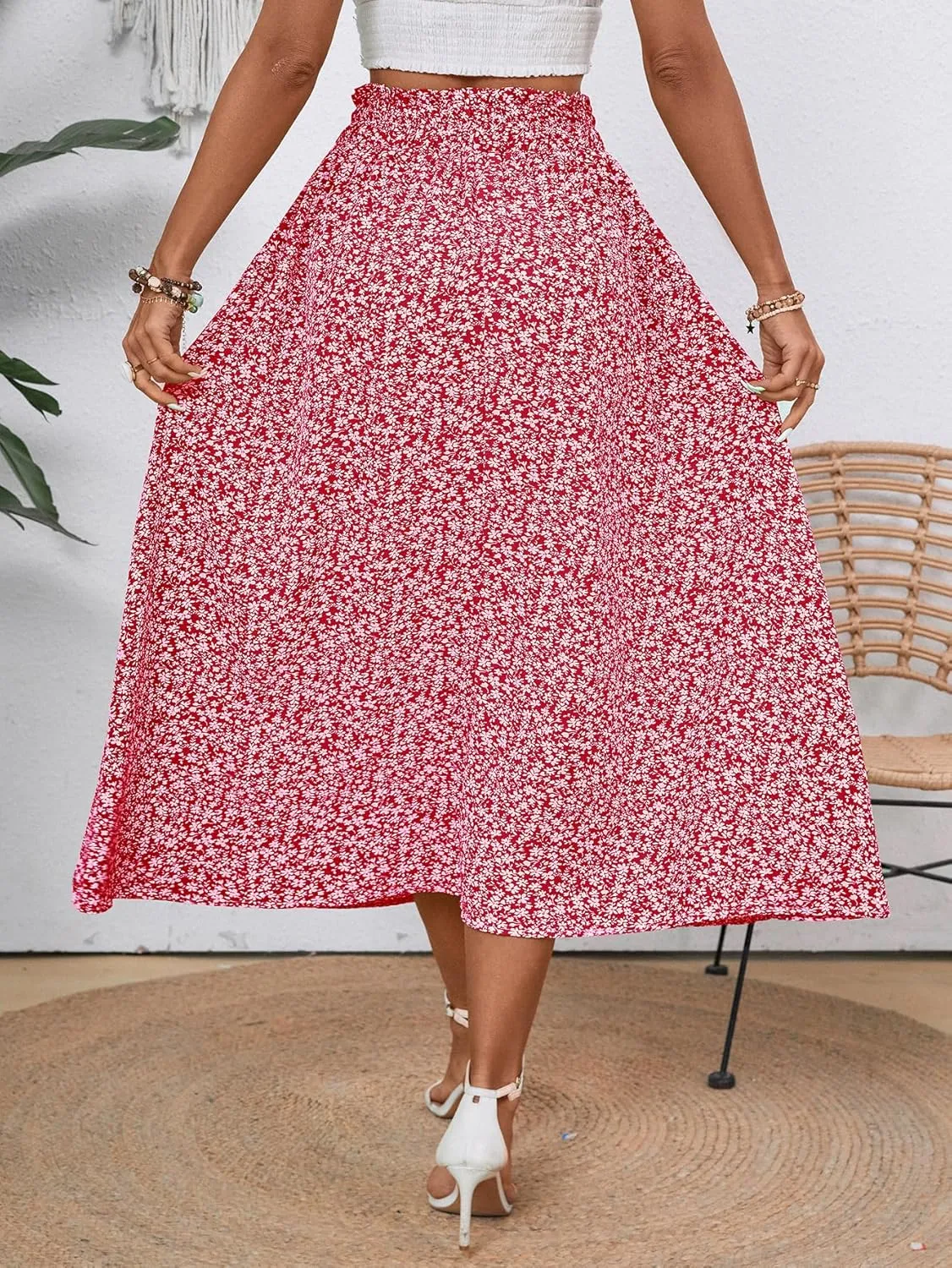 Midi Skirts for Women Elastic Waist Flowy A-line Casual Summer Beach Long Skirt