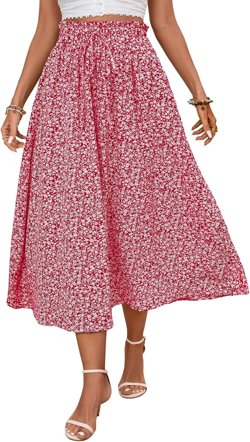 Midi Skirts for Women Elastic Waist Flowy A-line Casual Summer Beach Long Skirt