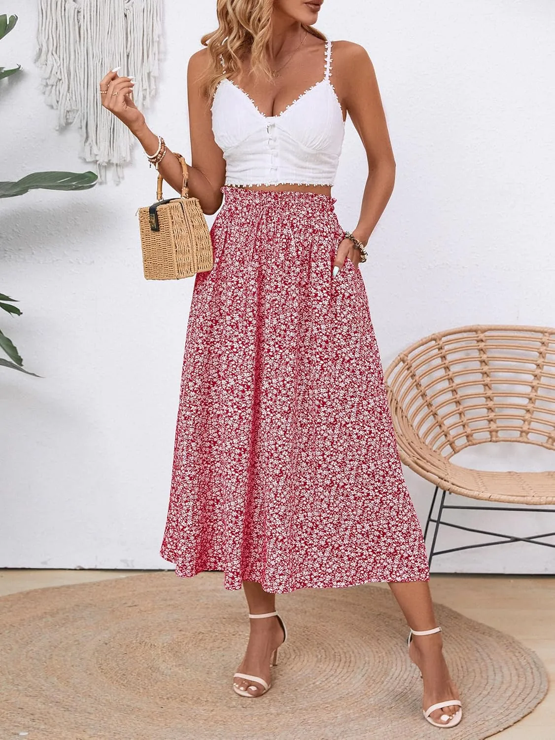 Midi Skirts for Women Elastic Waist Flowy A-line Casual Summer Beach Long Skirt