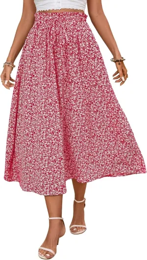 Midi Skirts for Women Elastic Waist Flowy A-line Casual Summer Beach Long Skirt