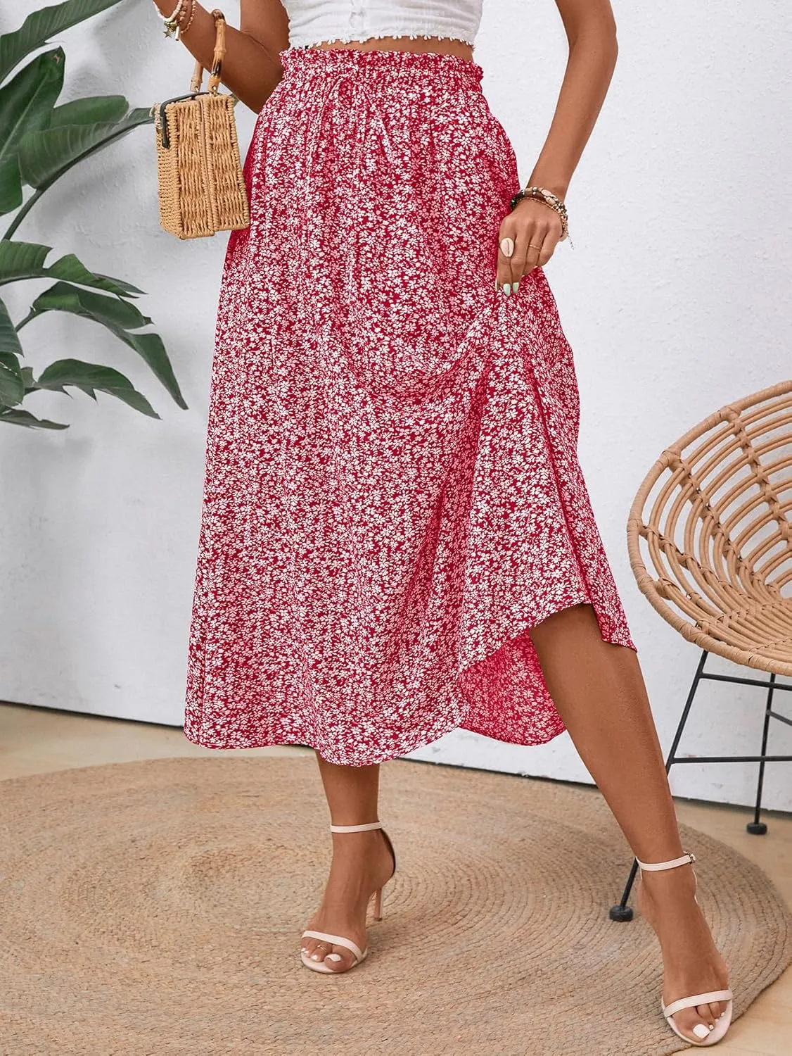 Midi Skirts for Women Elastic Waist Flowy A-line Casual Summer Beach Long Skirt