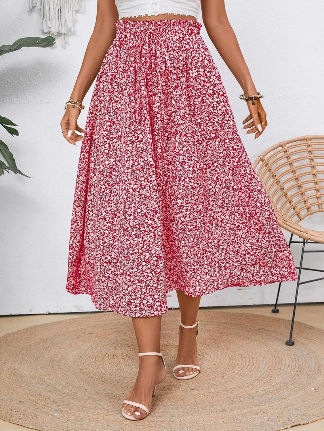 Midi Skirts for Women Elastic Waist Flowy A-line Casual Summer Beach Long Skirt