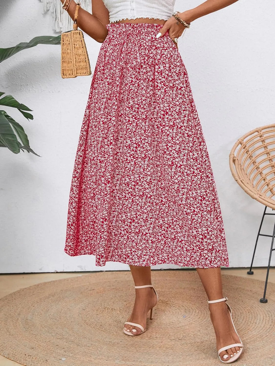 Midi Skirts for Women Elastic Waist Flowy A-line Casual Summer Beach Long Skirt