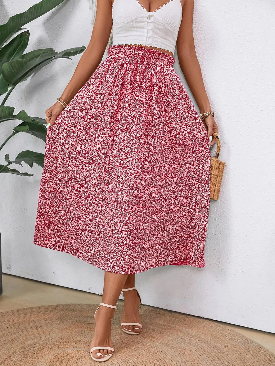 Midi Skirts for Women Elastic Waist Flowy A-line Casual Summer Beach Long Skirt
