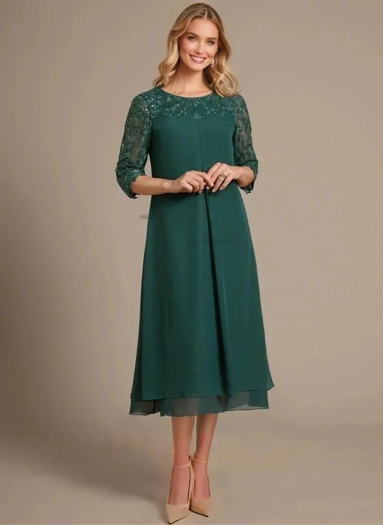 Mother of The Bride Dresses 2025 Lace Formal Gown Scoop Neck Long Sleeve Evening Dress Tea Length