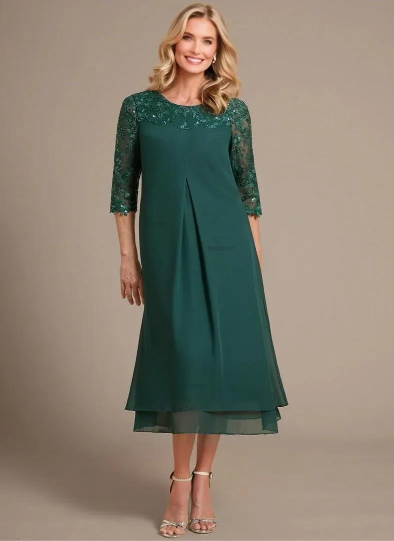 Mother of The Bride Dresses 2025 Lace Formal Gown Scoop Neck Long Sleeve Evening Dress Tea Length