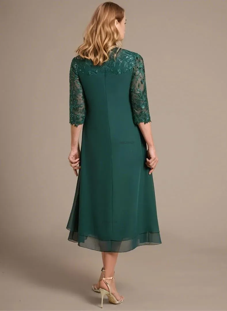 Mother of The Bride Dresses 2025 Lace Formal Gown Scoop Neck Long Sleeve Evening Dress Tea Length