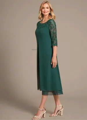 Mother of The Bride Dresses 2025 Lace Formal Gown Scoop Neck Long Sleeve Evening Dress Tea Length