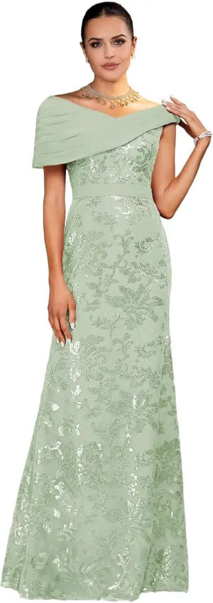 Mother of The Bride Dresses 2025 Off The Shoulder Lace Sequin Chiffon Sheath Evening Dress with Pleated