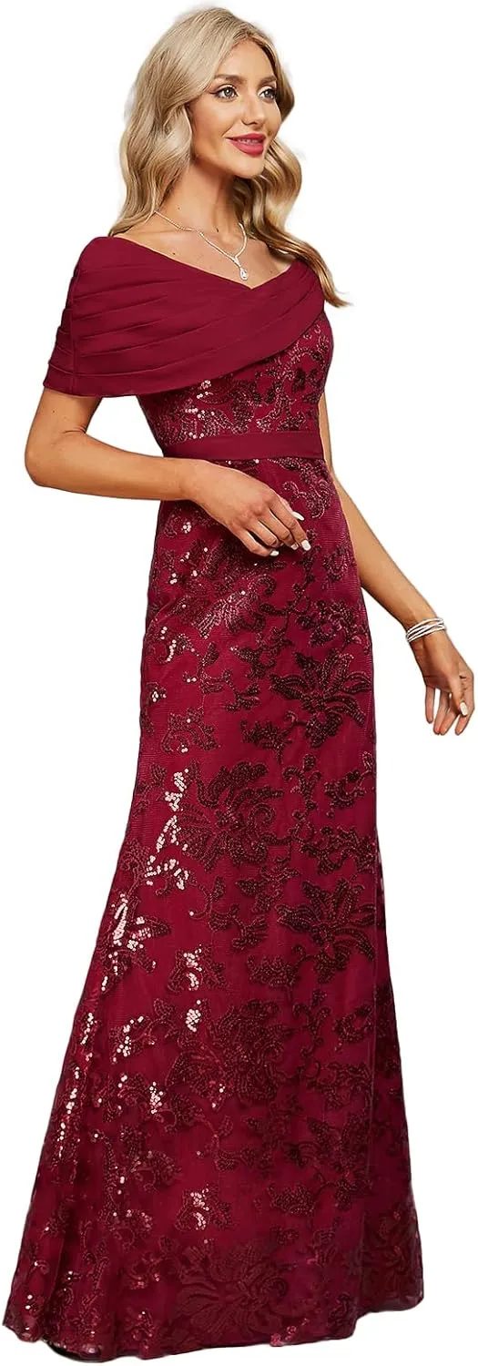 Mother of The Bride Dresses 2025 Off The Shoulder Lace Sequin Chiffon Sheath Evening Dress with Pleated