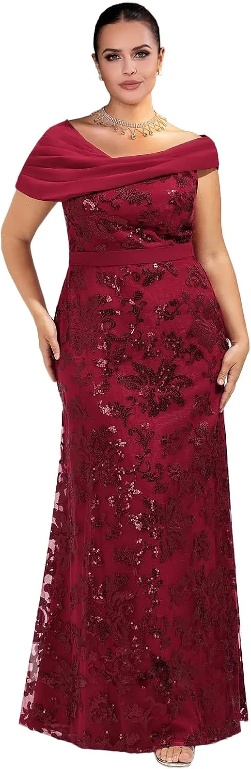 Mother of The Bride Dresses 2025 Off The Shoulder Lace Sequin Chiffon Sheath Evening Dress with Pleated