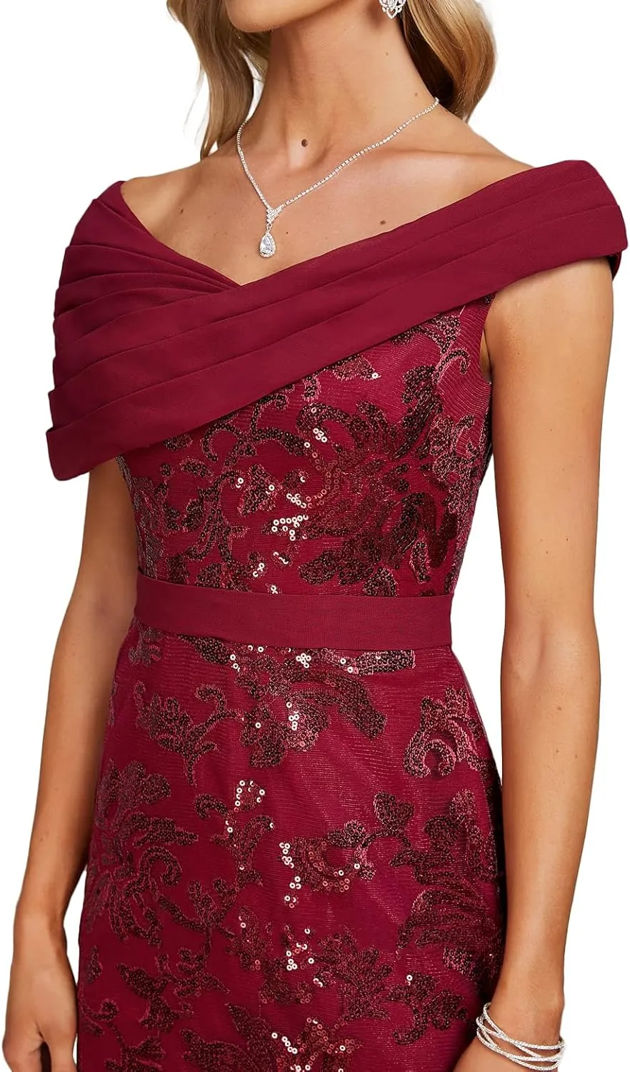 Mother of The Bride Dresses 2025 Off The Shoulder Lace Sequin Chiffon Sheath Evening Dress with Pleated