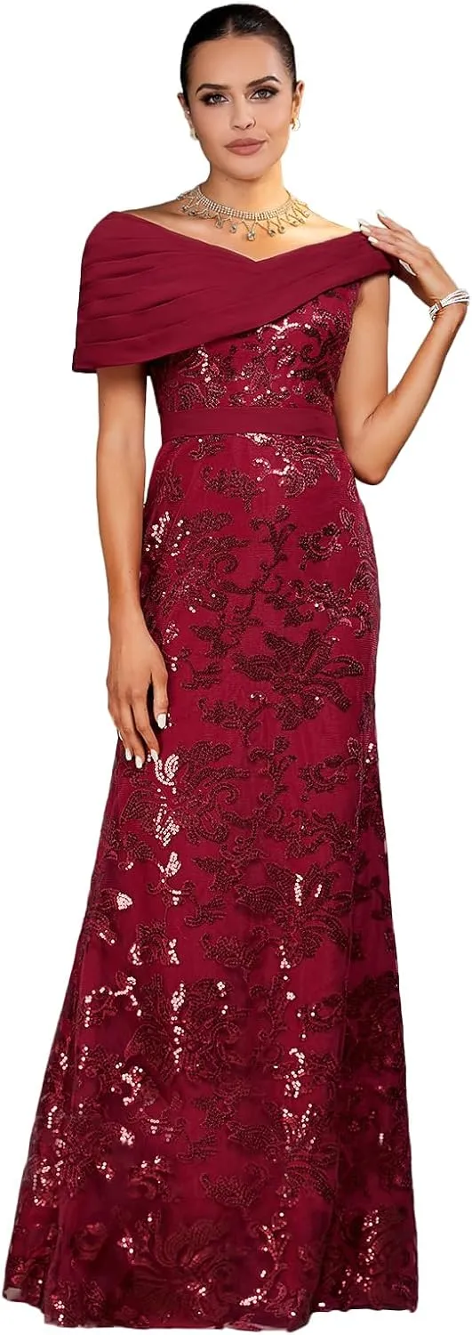 Mother of The Bride Dresses 2025 Off The Shoulder Lace Sequin Chiffon Sheath Evening Dress with Pleated