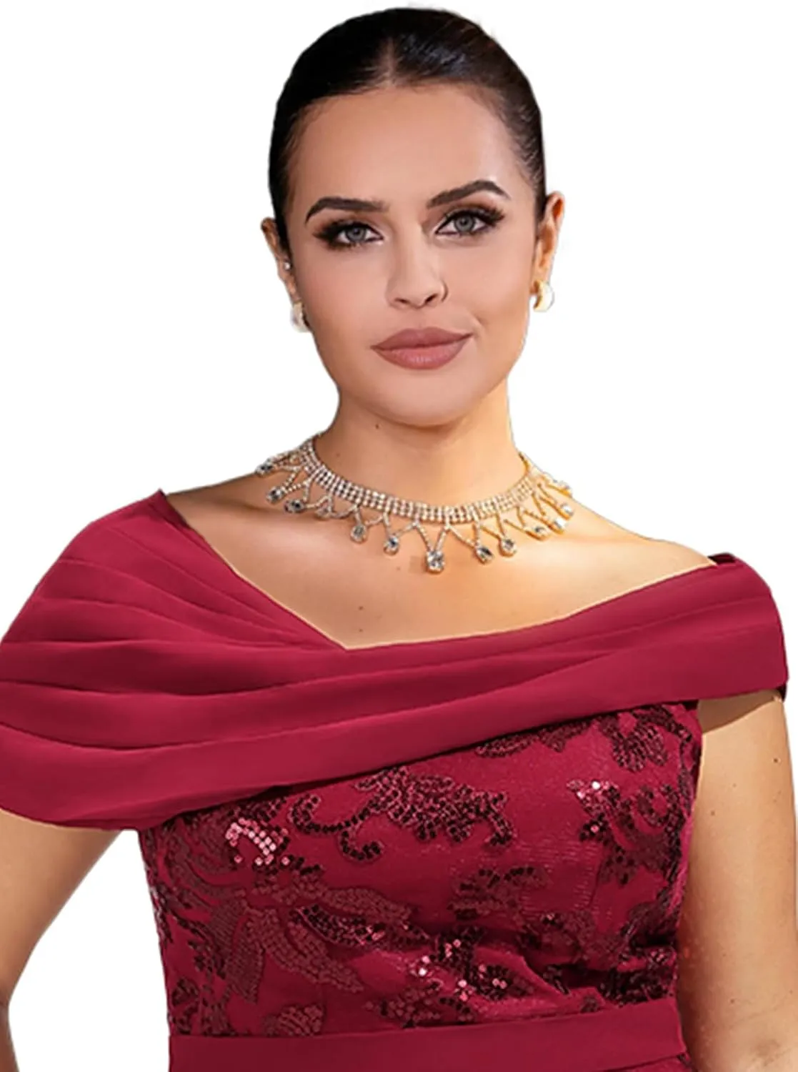Mother of The Bride Dresses 2025 Off The Shoulder Lace Sequin Chiffon Sheath Evening Dress with Pleated