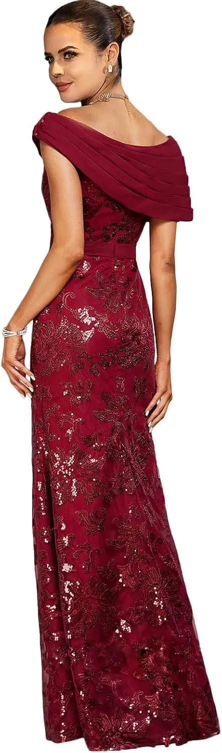 Mother of The Bride Dresses 2025 Off The Shoulder Lace Sequin Chiffon Sheath Evening Dress with Pleated