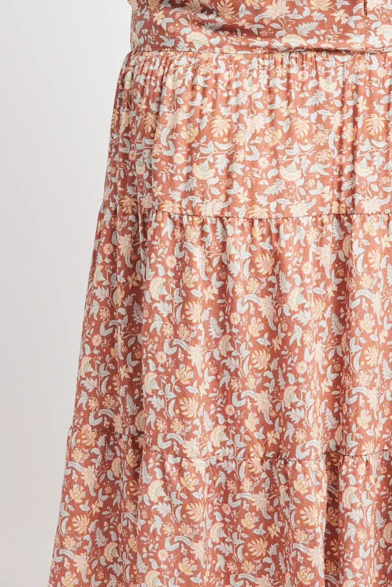 Multi Boho Tie Waist Tiered Maxi Skirt