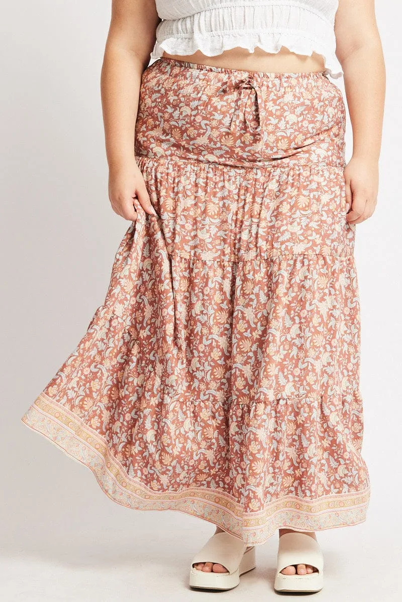 Multi Boho Tie Waist Tiered Maxi Skirt
