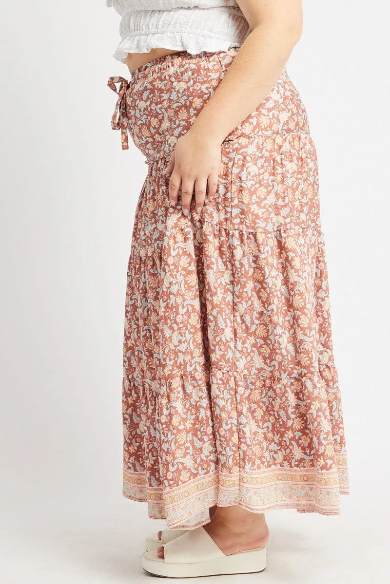 Multi Boho Tie Waist Tiered Maxi Skirt