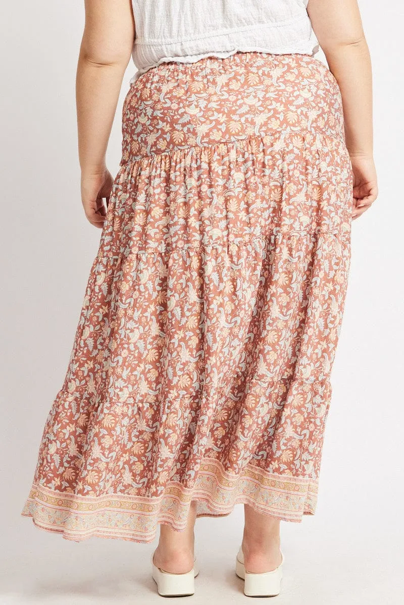 Multi Boho Tie Waist Tiered Maxi Skirt