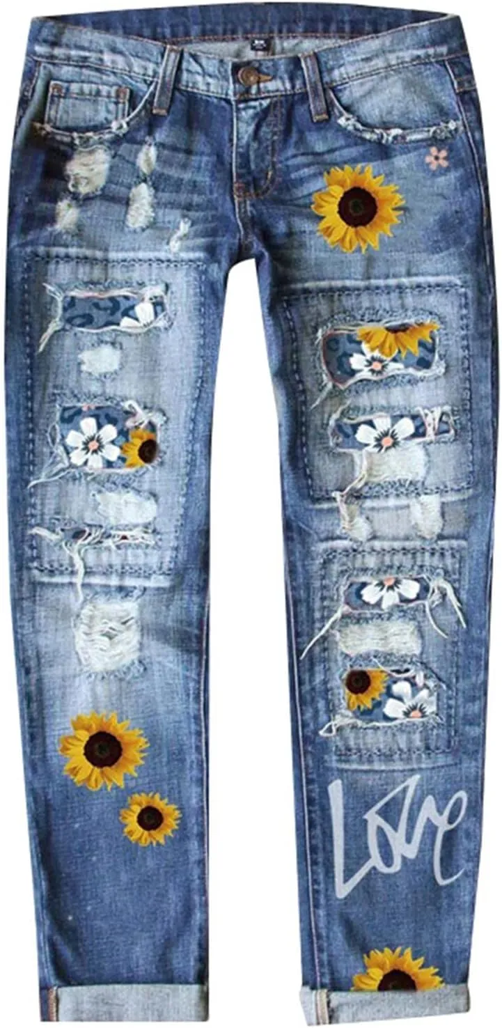 Muyise Boyfriend Jeans for Women Patchwork Distressed Casual Ripped Jeans Stretch Straight Leg Denim Trousers with Pockets