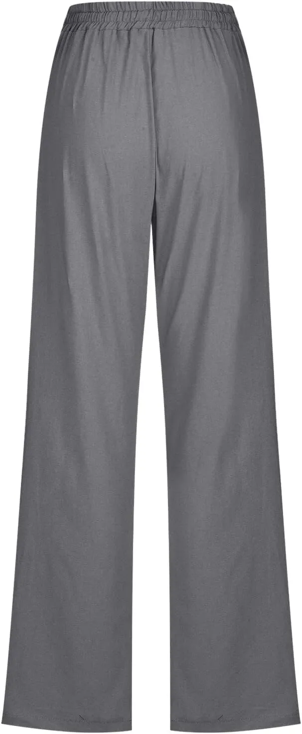 Muyise Womens Cotton Linen Casual Pants Straight Leg Drawstring Elastic High Waist Loose Comfy Palazzo Trousers with Pockets