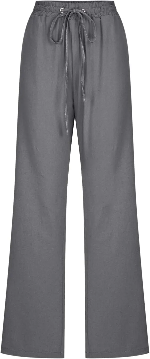 Muyise Womens Cotton Linen Casual Pants Straight Leg Drawstring Elastic High Waist Loose Comfy Palazzo Trousers with Pockets