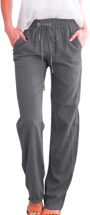 Muyise Womens Cotton Linen Casual Pants Straight Leg Drawstring Elastic High Waist Loose Comfy Palazzo Trousers with Pockets