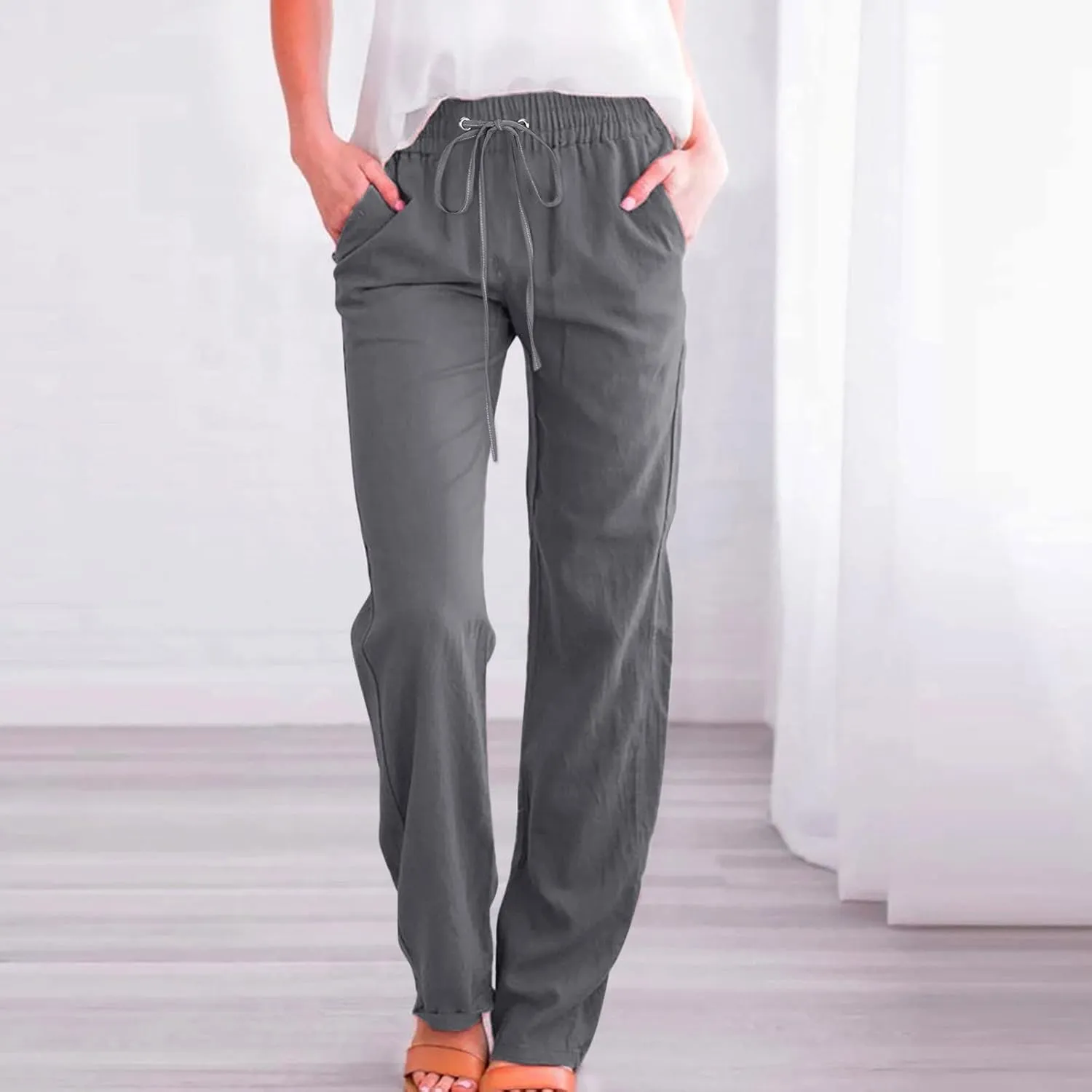 Muyise Womens Cotton Linen Casual Pants Straight Leg Drawstring Elastic High Waist Loose Comfy Palazzo Trousers with Pockets