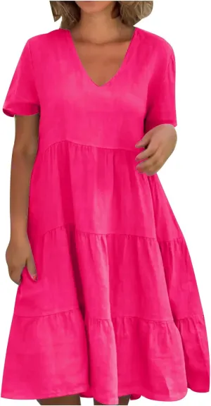NaRHbrg Women's V-Neck Tiered Midi Dress Short Sleeve Loose Fit Casual Boho Sundress Summer Dresses for Beach Vacation