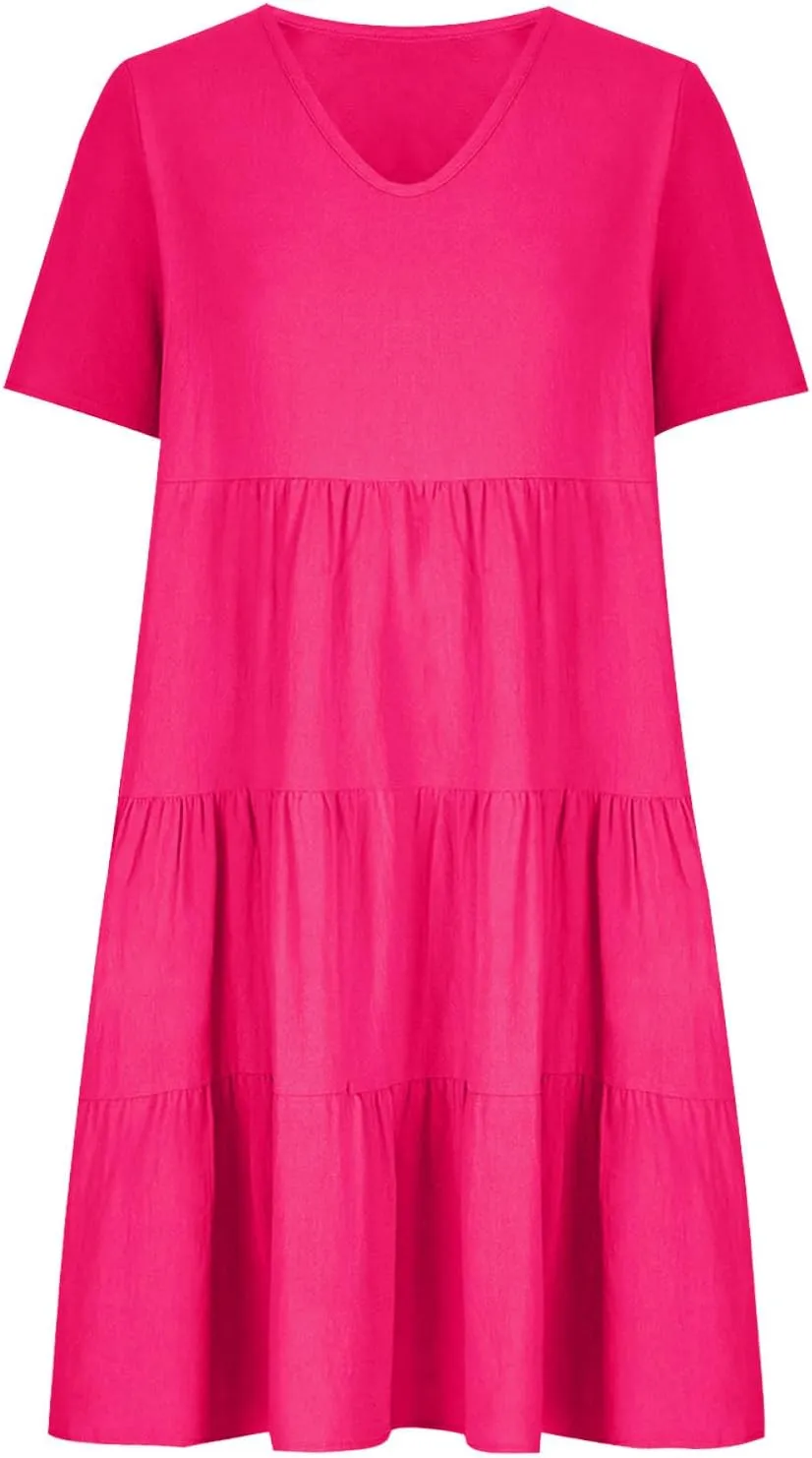 NaRHbrg Women's V-Neck Tiered Midi Dress Short Sleeve Loose Fit Casual Boho Sundress Summer Dresses for Beach Vacation