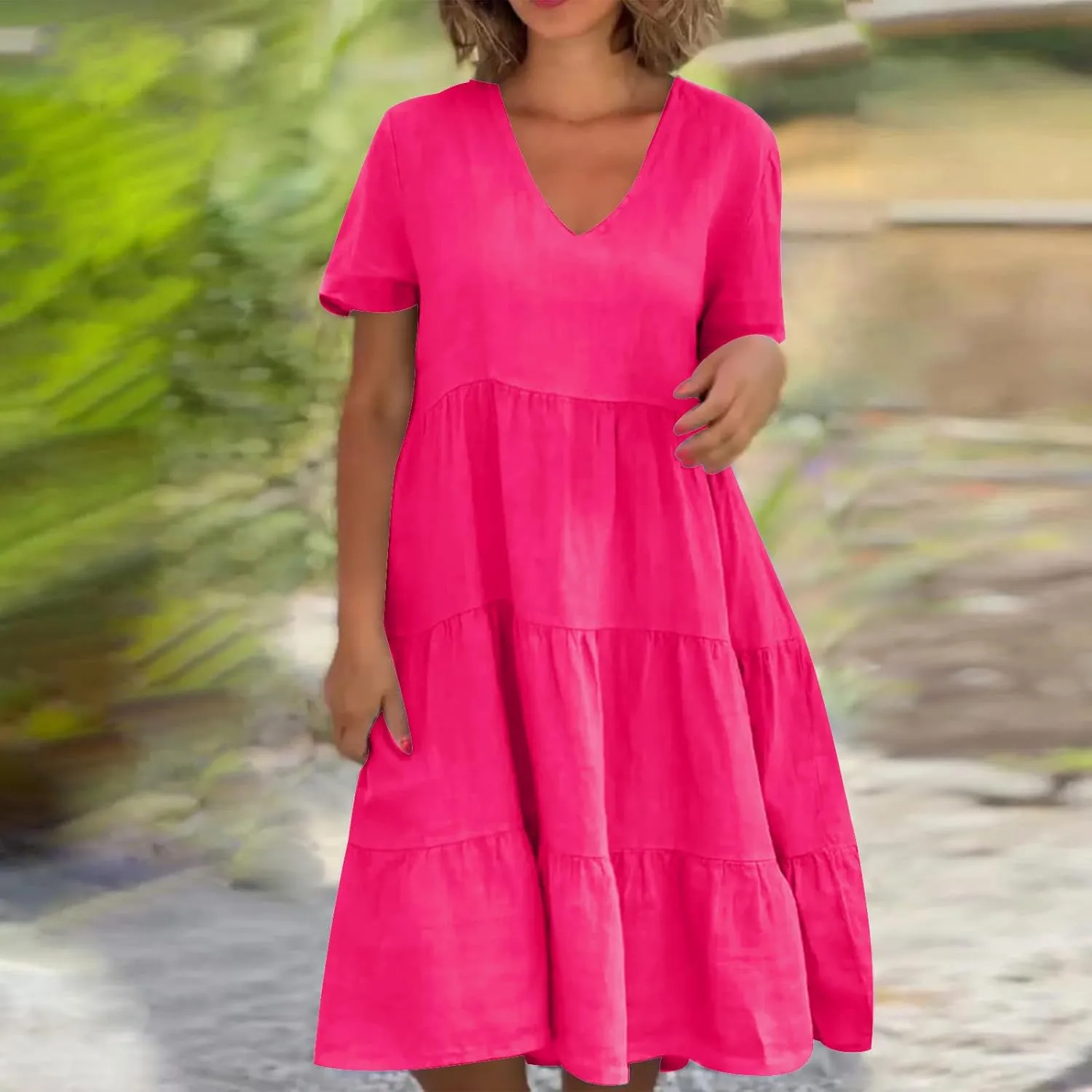 NaRHbrg Women's V-Neck Tiered Midi Dress Short Sleeve Loose Fit Casual Boho Sundress Summer Dresses for Beach Vacation
