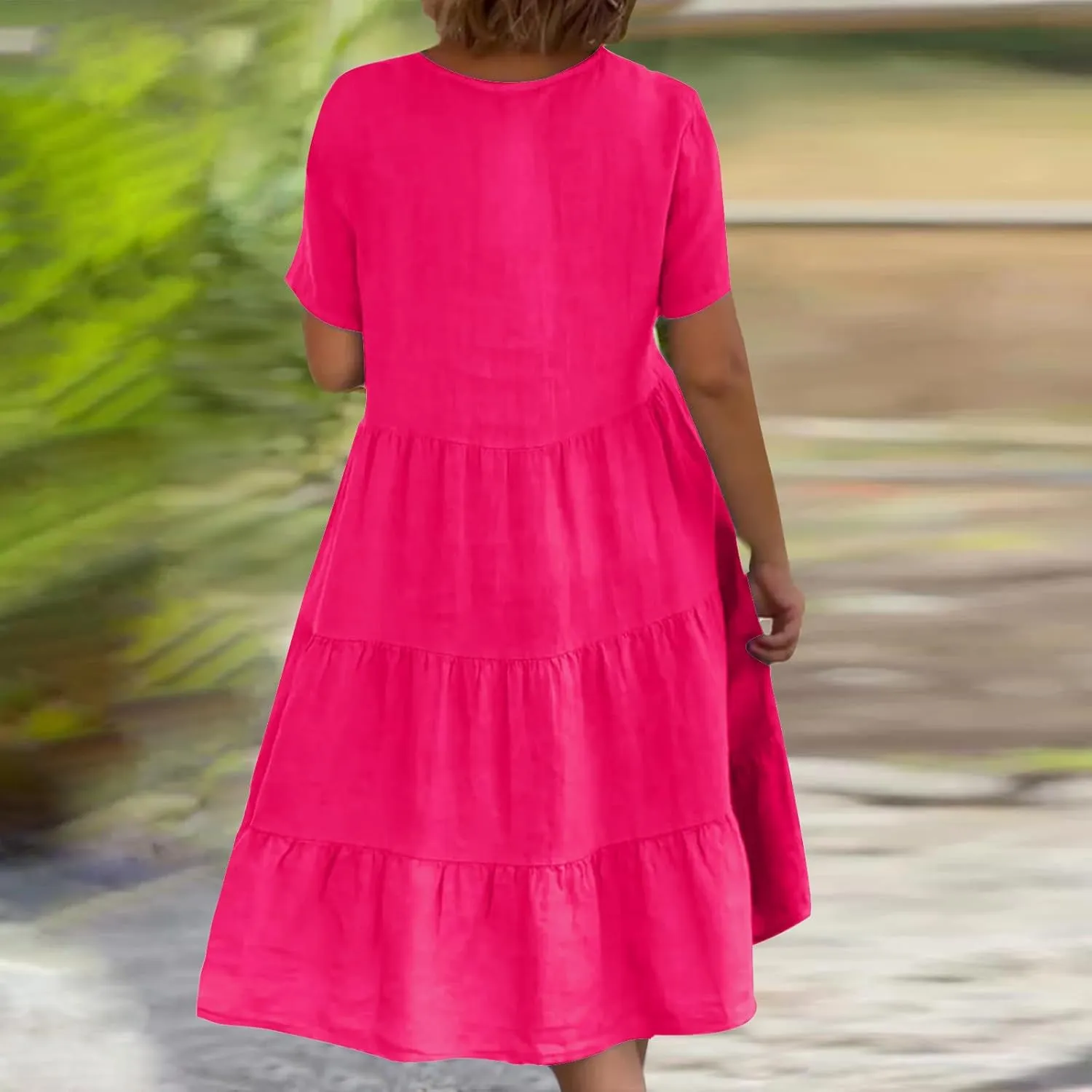 NaRHbrg Women's V-Neck Tiered Midi Dress Short Sleeve Loose Fit Casual Boho Sundress Summer Dresses for Beach Vacation