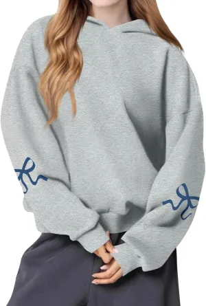 NBXNZWF Womens Bow Graphic Hoodies Oversized Long Sleeve Hooded Sweatshirts Drop Shoulder Cute Y2k Teen Girls Pullover Top