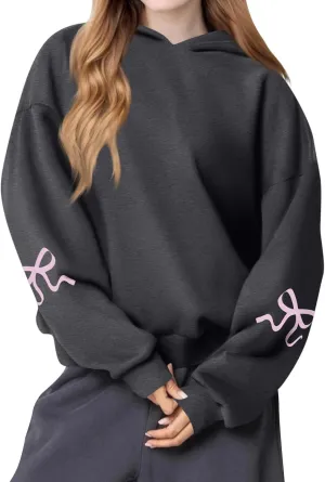 NBXNZWF Womens Bow Graphic Hoodies Oversized Long Sleeve Hooded Sweatshirts Drop Shoulder Cute Y2k Teen Girls Pullover Top